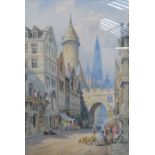 C J KEATS RBA, FRAMED WATERCOLOUR DEPICTING AN ANTWERP STREET MARKET SCENE,