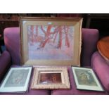 GILT FRAMED PRINT AND PAIR OF OTHER PRINTS PLUS CRYSTOLEUM