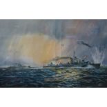 BRIAN ENTWISTLE, FRAMED WATERCOLOUR DEPICTING A WORLD WAR II DESTROYER UNDER ATTACK IN THE MED.