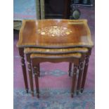 REPRODUCTION INLAID NEST OF THREE TABLES AND TRIPOD WINE TABLE