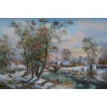 JOHN CORCORAN, FRAMED OIL ON CANVAS DEPICTING A WINTER VILLAGE SCENE,