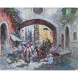 FRAMED OIL ON CANVAS DEPICTING A BUSY ITALIAN STREET SCENE, SIGNED (INDISTINCT),