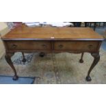 REPRODUCTION MAHOGANY TWO DRAWER CONSOLE TABLE ON BALL AND CLAW SUPPORTS