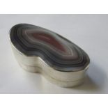 HALLMARKED SILVER SHAPED PILL BOX WITH AGATE TYPE MOUNTED TOP,