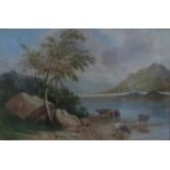 VICTORIAN GILT FRAMED OIL ON BOARD DEPICTING HIGHLAND CATTLE NEAR LAKE, UNSIGNED,