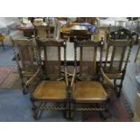 LARGE OAK DRAW LEAF DINING TABLE AND SIX (FOUR AND TWO) HIGH BACK CHAIRS