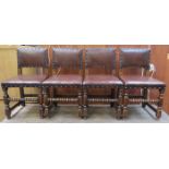 SET OF FOUR OAK LEATHER COVERED DINING CHAIRS