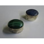 TWO SILVER COLOURED OVAL PILL BOXES SET WITH SEMI-PRECIOUS STONES