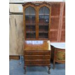 WALNUT VENEERED BUREAU BOOKCASE