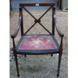 PRETTY ANTIQUE MAHOGANY INLAID ARMCHAIR WITH FLORAL UPHOLSTERED SEAT