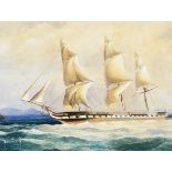 English School (20th century) A three masted Naval Frigate at sea watercolour, indistinctly signed