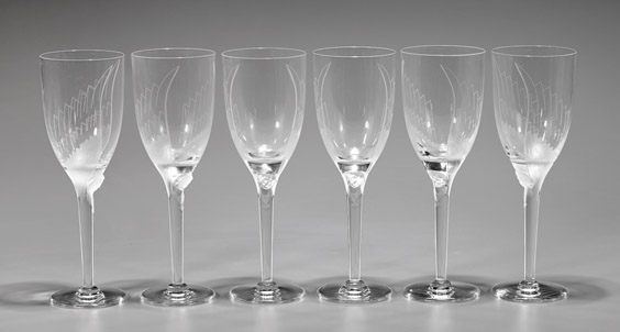 SIX LALIQUE CRYSTAL CHAMPAGNE FLUTES