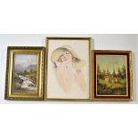 A gilt framed oil on board, an oil on canvas and a gilt framed pencil sketch.