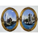 A pair of early 20th century gilt framed oval reverse paintings on convex glass, W. 42cm, L. 59cm.