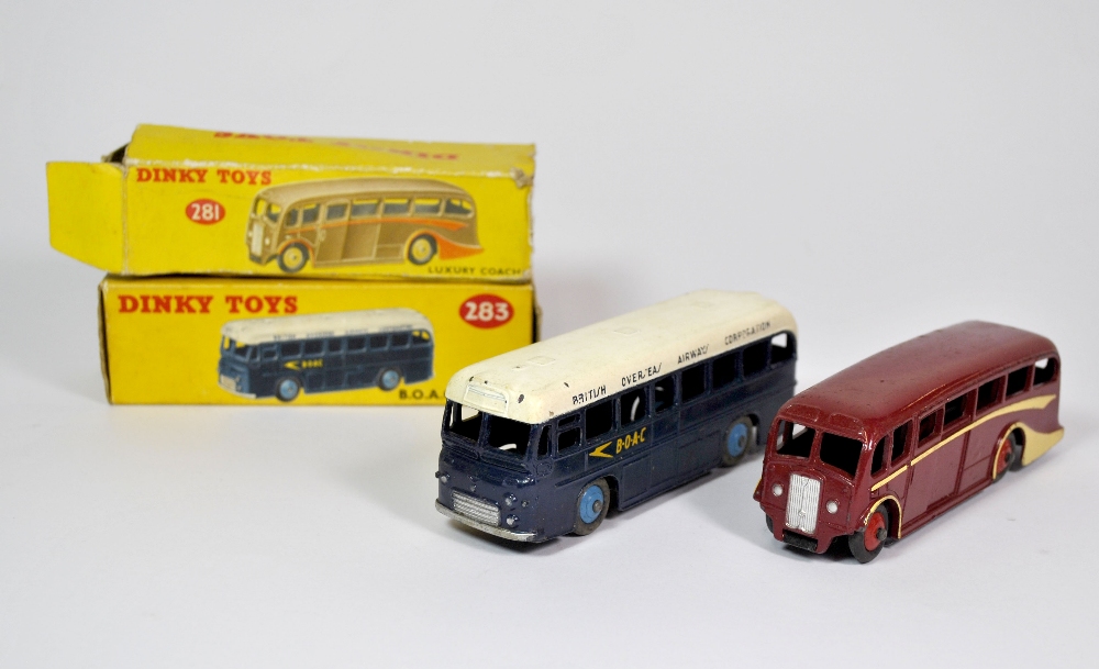 A boxed Dinky 283 BOAC coach and boxed 281 luxury coach.