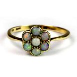 An 18ct gold opal set daisy cluster ring (O).