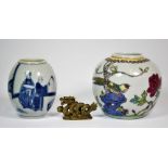 Two hand painted Chinese porcelain items and a small bronze dragon.