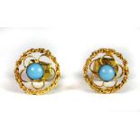 A pair of yellow metal (tested 22ct gold) and turquoise screw thread stud earrings.
