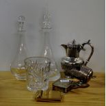 Two decanters, three silver plated items and a compact.