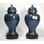 A pair of Chinese cloisonné jars and lids on wooden stands, H. 27cm.