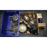 A box of silver plated trophies, etc.