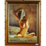 A framed painting in canvas of a naked woman, 57 x 72cm.