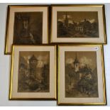 Four gilt framed signed pencil and pastel drawings c. 1884, 41 x 53cm.