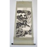 A silk mounted Chinese hand painted scroll, mid 20th century, W. 61cm, (some foxing). Prov: