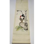 A silk mounted Chinese hand painted scroll, mid 20th century, W. 55cm, (some foxing). Prov: