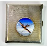 A hallmarked silver cigarette case with enamelled inset panel of a WWII aircraft, 8 x 8cm.