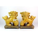 A pair of glazed porcelain lion dog figures on hardwood bases, H. 20cm.