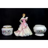 A Royal Doulton figure Summer Ball HN5464 and two Aynsley pots.