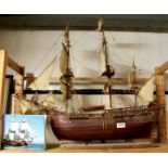 A hand made wooden model of H. M. Bark Endeavour, L. 80cm, H. 67cm.