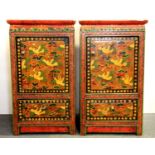 A pair of superbly painted Tibetan elm monk's cabinets, 44 x 44 x 78cm.