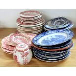 A large quantity of blue and white and red and white dinner and decorative china