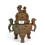 A Chinese cast iron temple censor, H. 28cm.