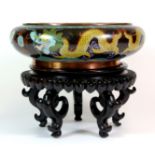 A fine mid 20th century Chinese cloisonné on bronze bowl on original hardwood stand, Dia. 26cm, H.