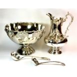 A large silver plated punch bowl, H. 27cm, Dia. 39cm, together with a large silver plated water jug,