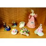 Two Coalport figurines, two Bunnykins figures and three other items.