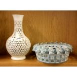 Large porcelain fruit basket D. 35 cms and a Chinese style pierced white porcelain vase/lamp base H.