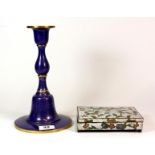 A Chinese gilt cloisonné candlestick (H. 26cm) and a cloisonné box.