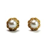 A pair of 9ct yellow gold and cultured pearl earrings (replaced base metal butterflies).
