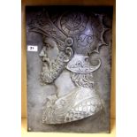 A 19th century cast continental metal relief plaque of a Roman warrior, 33cm x 50cm.