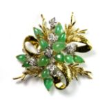 A stunning Chinese 18ct yellow and white gold (stamped 18K) jade and diamond set spray brooch, L.