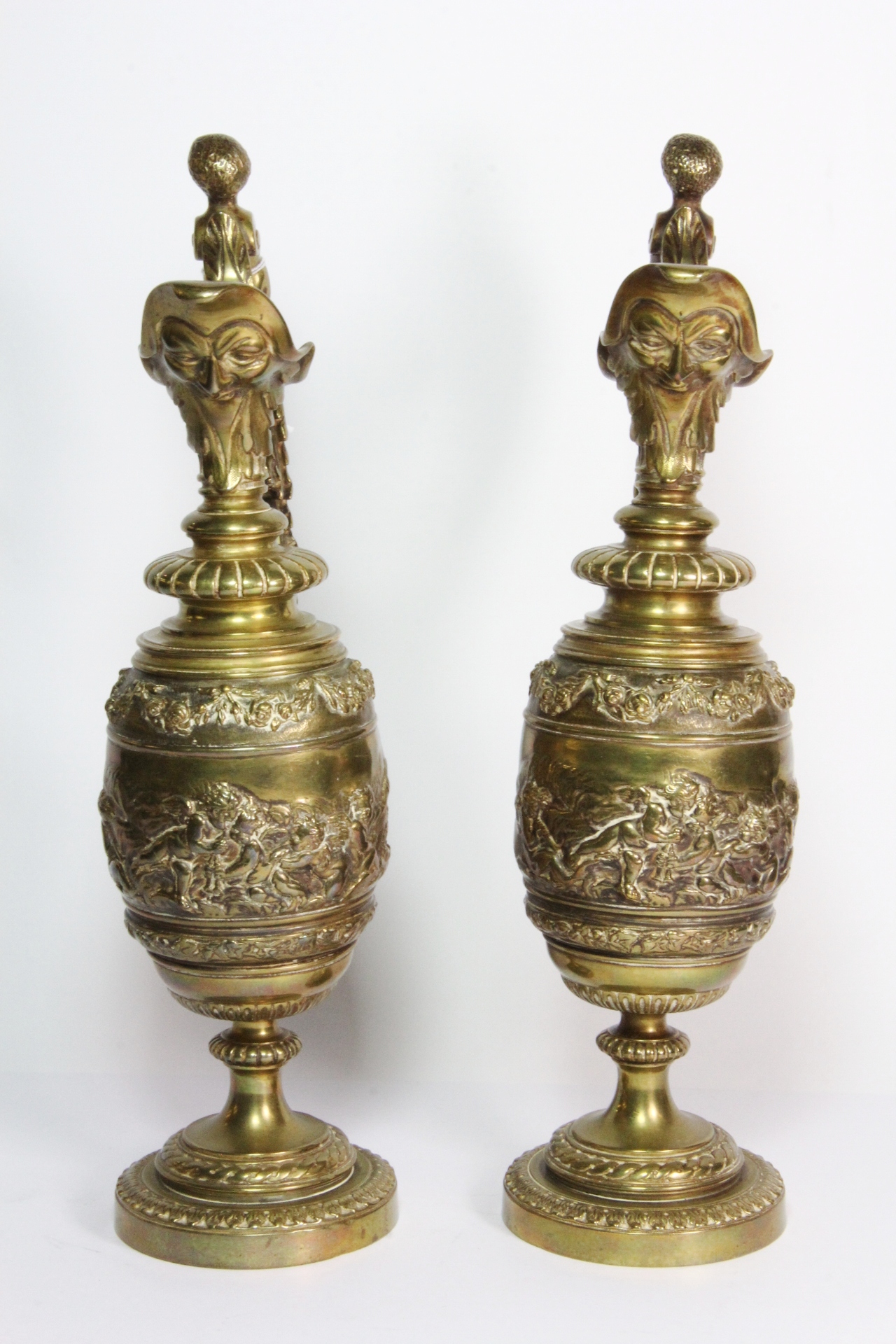 A pair of 19th century French gilt brass ewers, the scroll handle in the form of a semi nude male, - Image 2 of 3