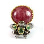 A Hana Maae designer 925 silver gilt frog shaped ring set with a large natural ruby and emeralds (
