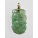 A Chinese carved jadeite jade pendant carved with Yin and Yang and two cockerels, L. 4.5cm.