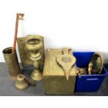 A brass log box, bellows, etc.