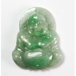 A lovely Chinese carved jadeite jade mixed green Happy Buddha pendant, H. 4.5cm. Private estate