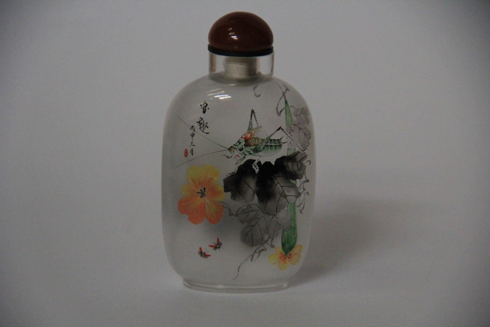 A set of four signed and beautifully decorated Chinese inside painted snuff bottles of crickets - Image 9 of 9